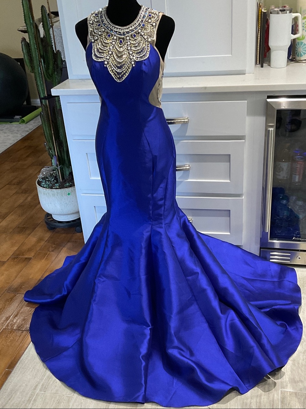 Juliet Beaded Illusion Cutout Royal Blue Mermaid Evening Dress
